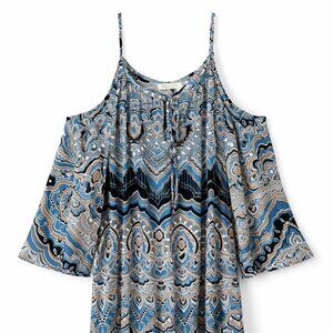 Santiki Blue Boho Cold Shoulder Dress Size L Paisley Print Flowy Tunic